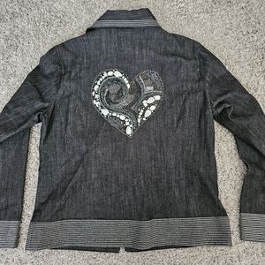 Chico's Denim Jean Jacket Size 1 (8) Medium Black Rhinestones Heart Shape